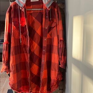 Free People Oversized Plaid Long Shirt with Hood Attached